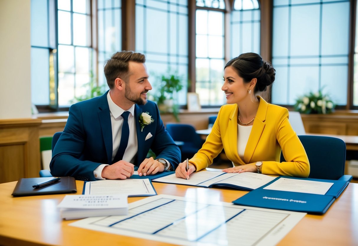A couple sits at a table in a registry office, discussing wedding ceremony options with a staff member. A price list and planning materials are spread out in front of them