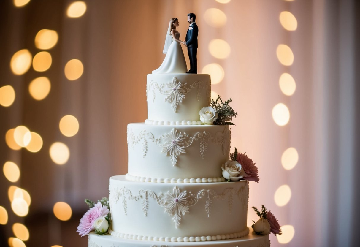A three-tier wedding cake adorned with intricate floral designs and topped with a figurine of a bride and groom