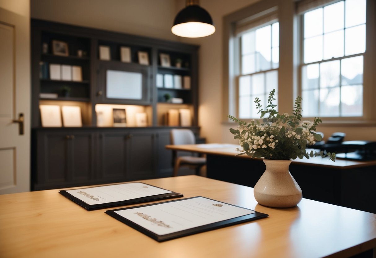 A cozy registry office with simple decor, a small table for signing documents, and soft lighting creating a warm and intimate atmosphere