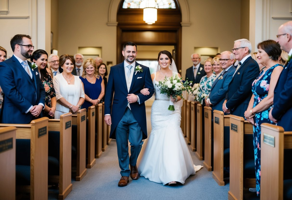 A couple walks down the aisle at a registry office, surrounded by family and friends, with the officiant standing at the front