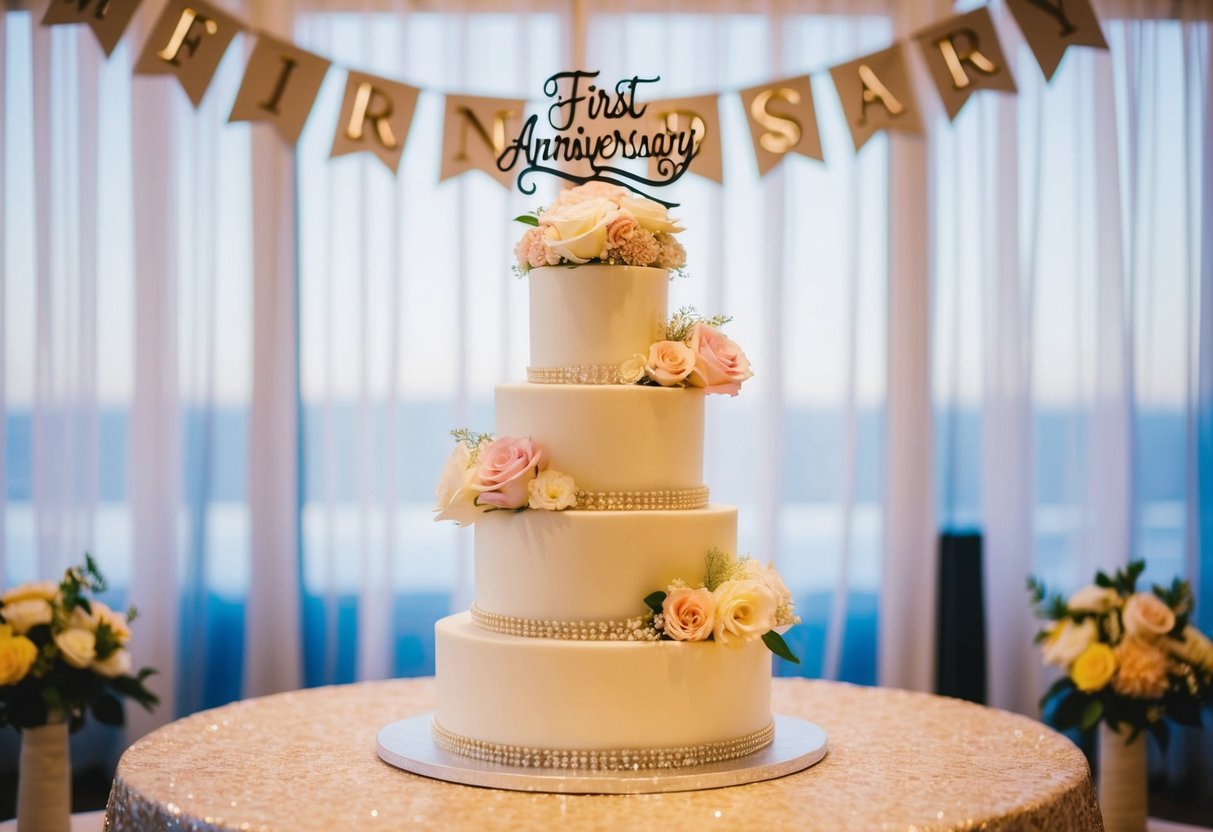 A three-tiered wedding cake adorned with flowers and a cake topper, set on a decorated table with a "First Anniversary" banner in the background