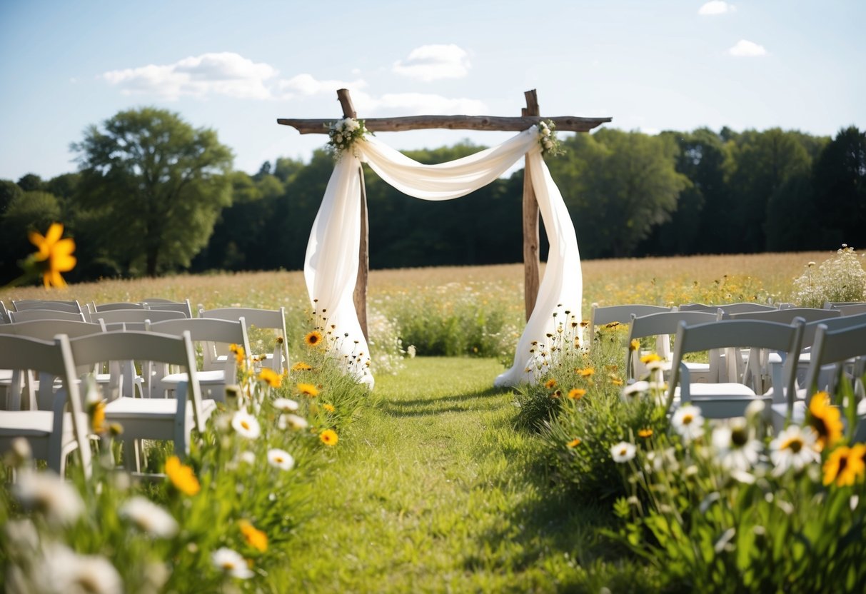 A sunlit field with wildflowers, a rustic wooden arch, and billowing fabric for a wedding ceremony