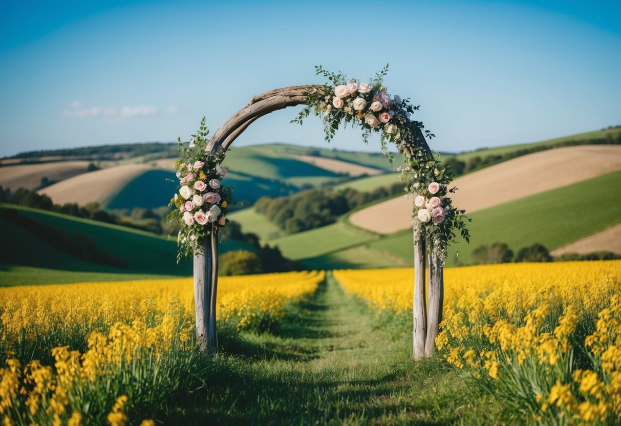 A picturesque field with a rustic wooden arch adorned with flowers, surrounded by rolling hills and a clear blue sky