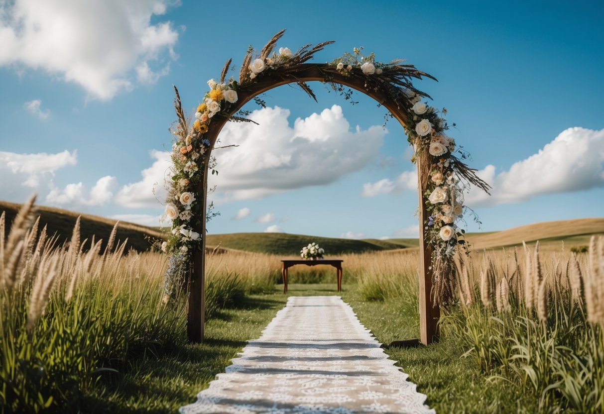A rustic wooden arch adorned with wildflowers stands in the center of a sun-drenched field, surrounded by rolling hills and tall grasses. A vintage lace runner leads to the altar, set against a backdrop of a clear blue sky and fluffy white clouds