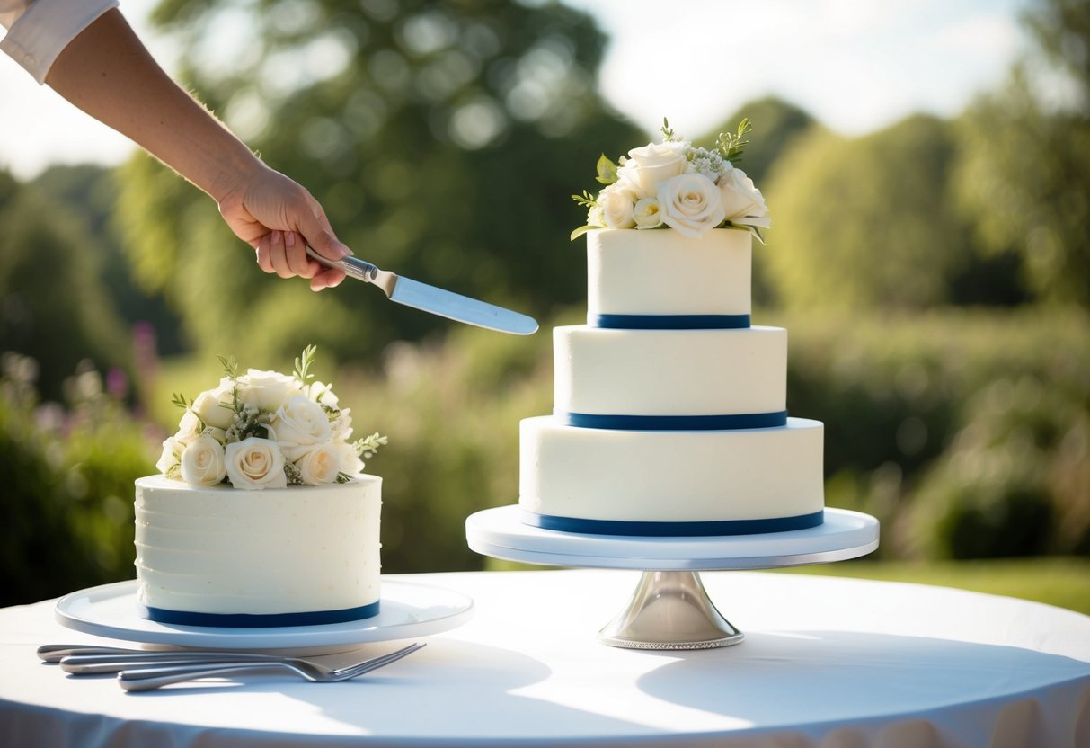A tiered wedding cake is being served on a table with elegant cake cutting utensils nearby