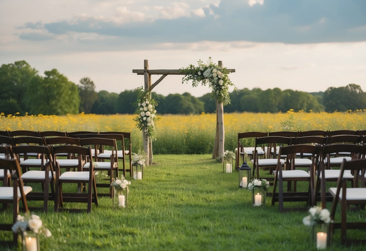 A picturesque field with wildflowers, a rustic wooden arch, and scattered seating for a wedding ceremony