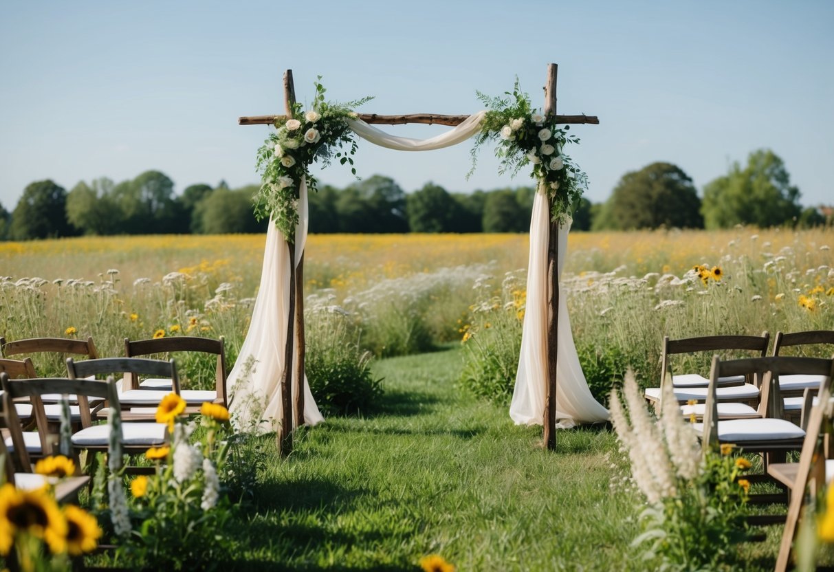 A rustic wedding setup in a sunlit field with wildflowers and a simple wooden archway adorned with flowing fabric and greenery