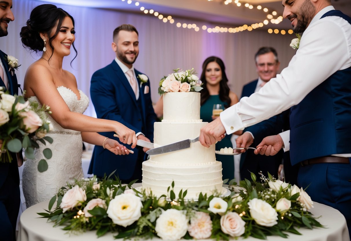 A three-tiered wedding cake is being sliced and served to guests at a reception, surrounded by elegant floral decorations and twinkling lights