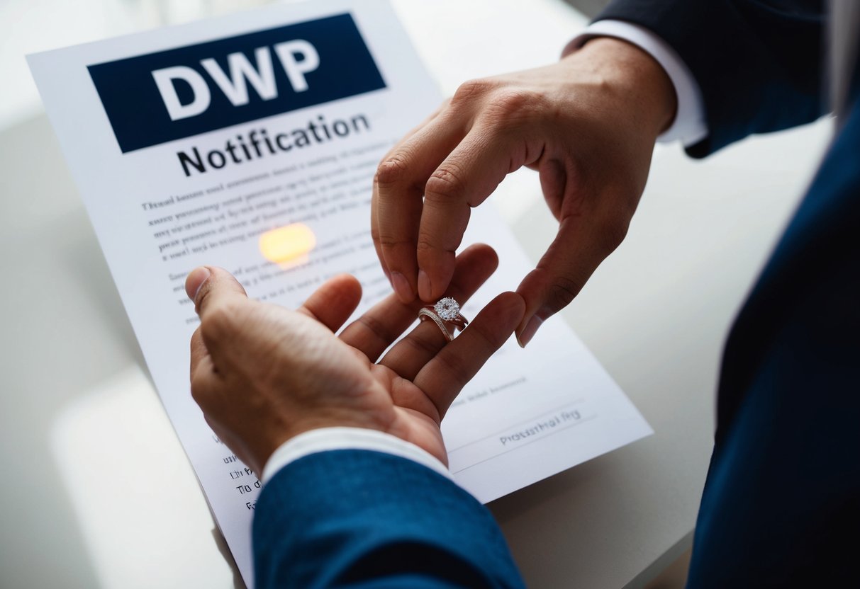 A person placing a wedding ring on their partner's finger with a DWP notification letter in the background