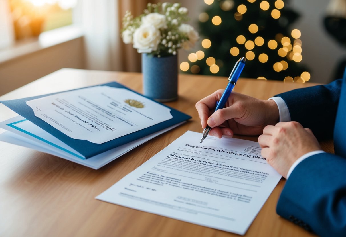 A person filling out a form with a marriage certificate and a letter addressed to the Department for Work and Pensions