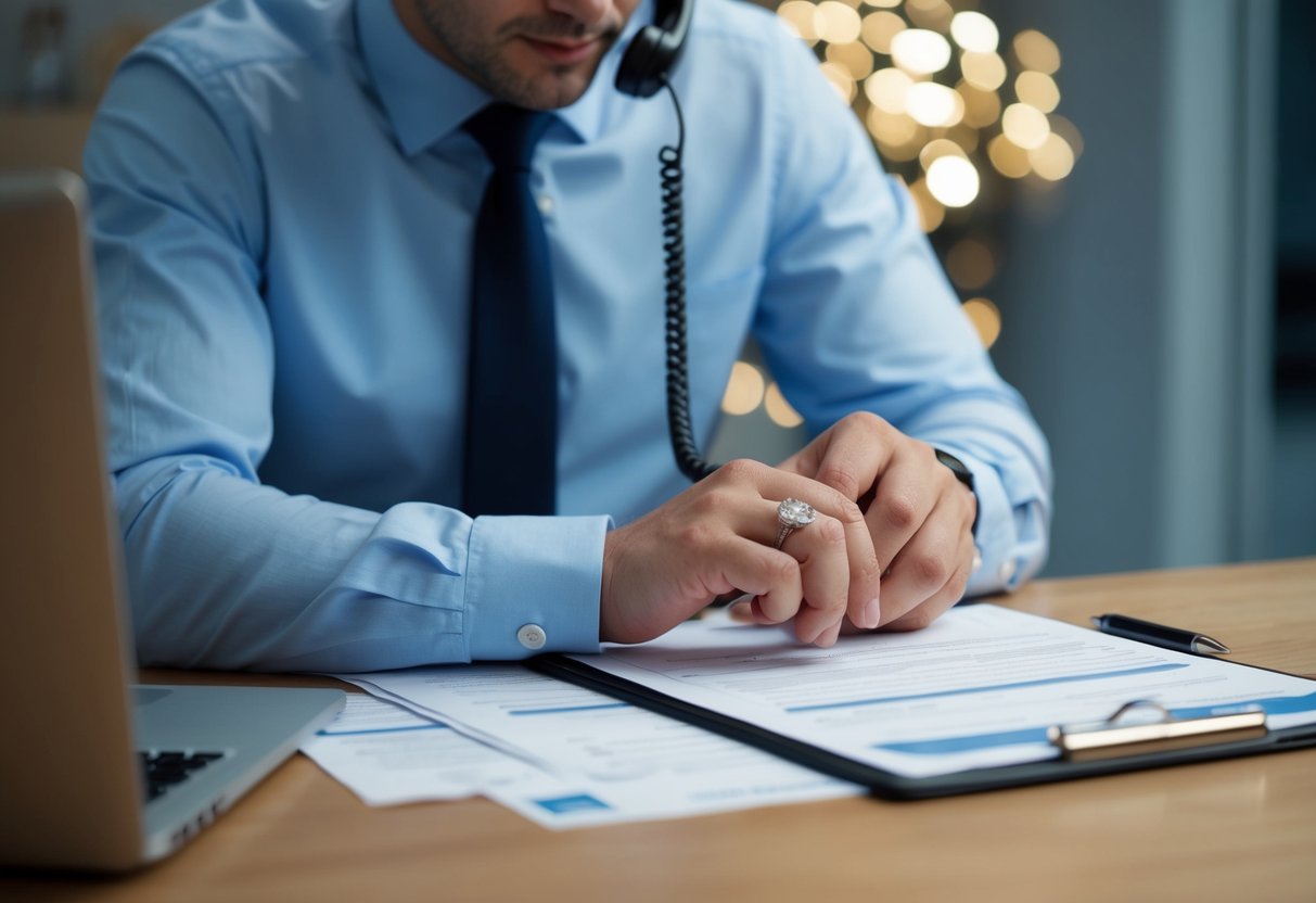 A person on the phone with HM Revenue and Customs, with a wedding ring on their finger, while filling out paperwork from the Department for Work and Pensions