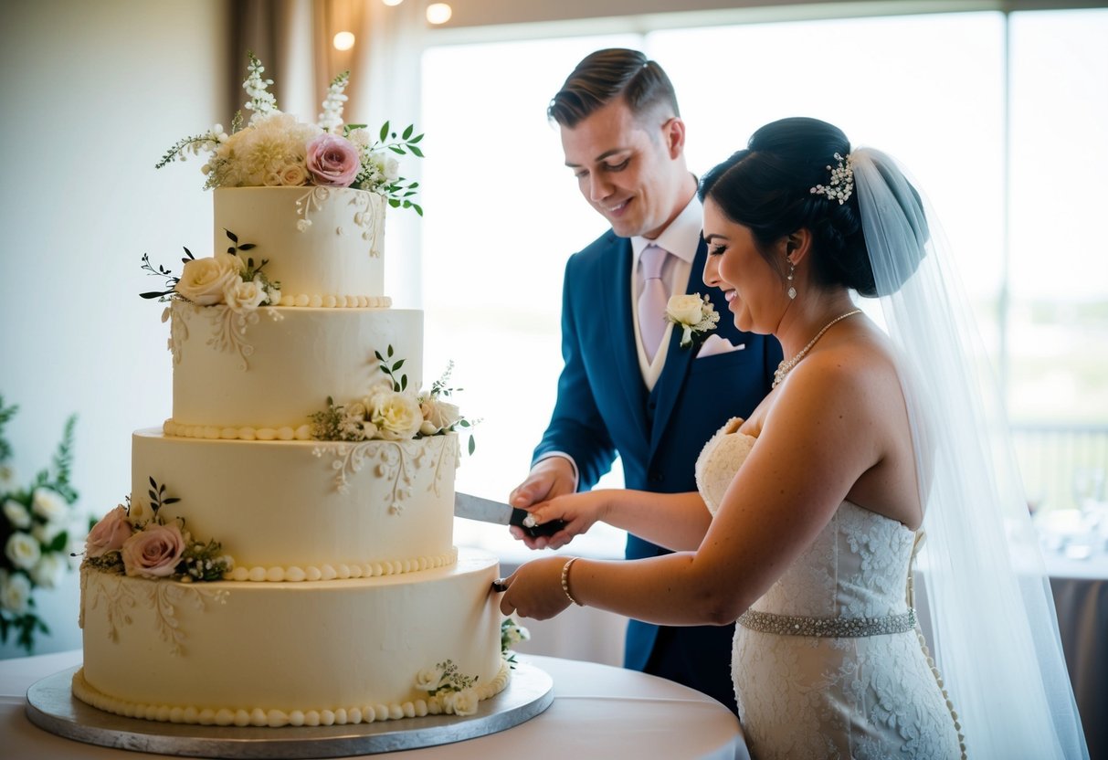 A bride and groom cutting into a three-tiered wedding cake adorned with delicate flowers and intricate icing designs