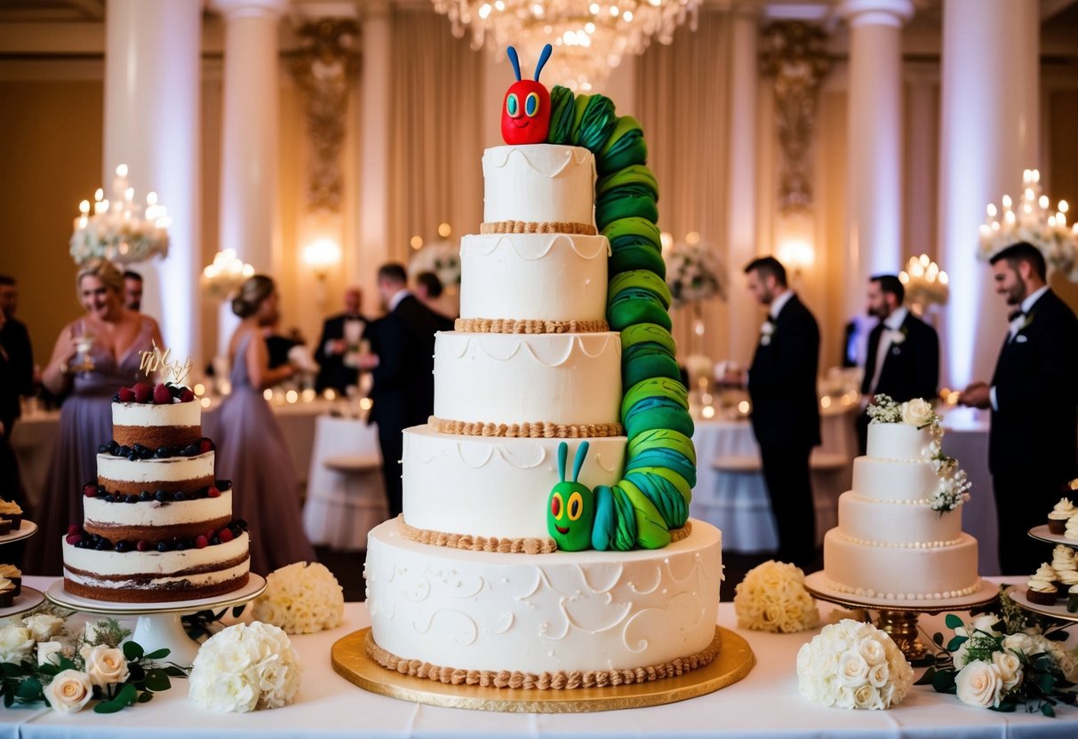 A grand wedding cake display with a towering Colin the Caterpillar Cake as the centerpiece, surrounded by other elaborate desserts and decorations