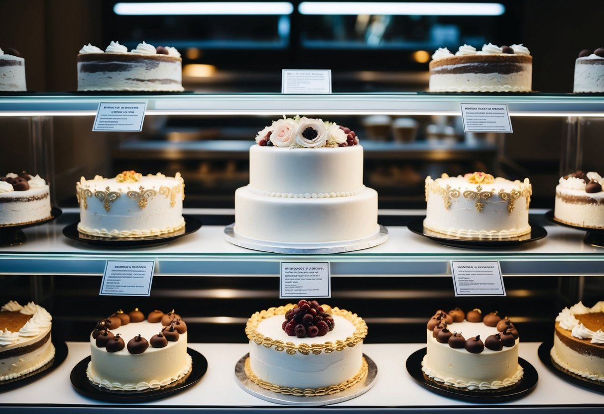A bakery display showcasing elegant wedding cakes with detailed decorations and labels indicating nutritional and dietary information