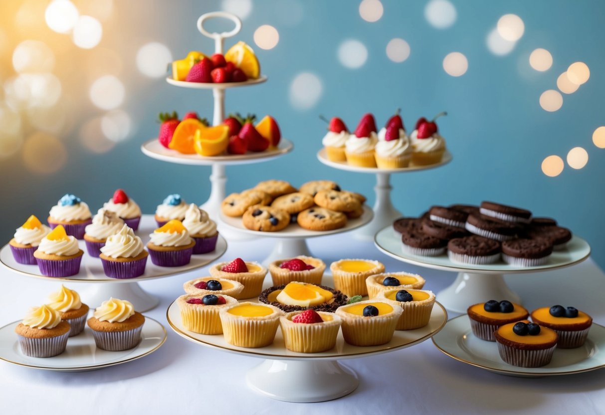 A table set with an assortment of colorful and delicious treats, including cupcakes, cookies, and fruit tarts, all displayed on elegant platters and stands