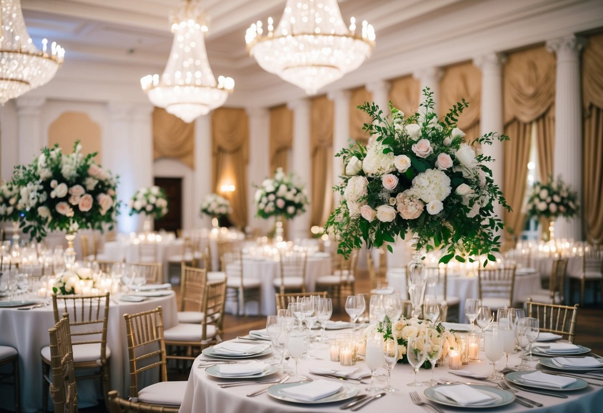 A lavish British wedding with a grand venue, elegant floral decorations, and a luxurious banquet spread