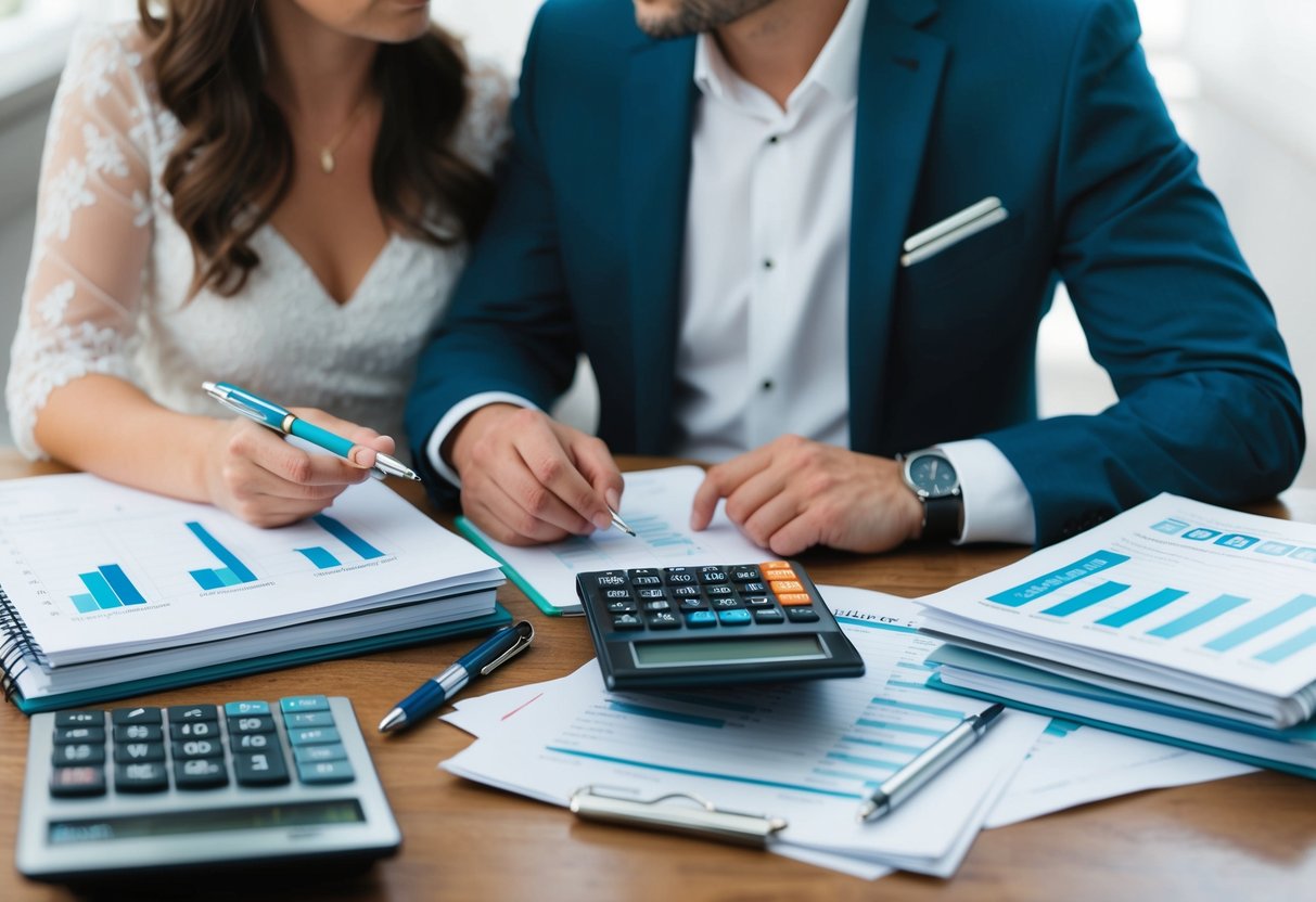 A couple seated at a table with a calculator, pen, and paper, surrounded by wedding planning books and spreadsheets. They are deep in conversation, carefully considering their budget