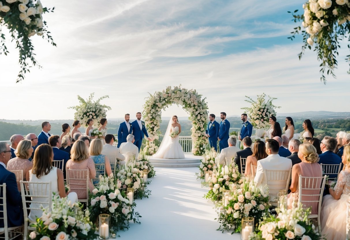 A lavish wedding venue with elegant decor and floral arrangements, surrounded by happy guests and a picturesque landscape