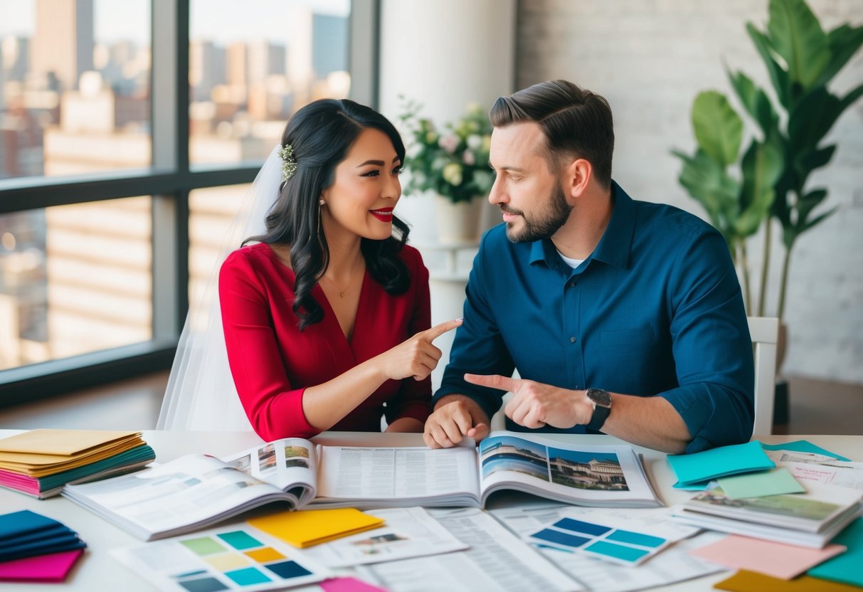 A couple sits at a table covered in wedding magazines and spreadsheets, surrounded by colorful fabric swatches and sample wedding invitations. They are deep in discussion, gesturing and pointing at various items