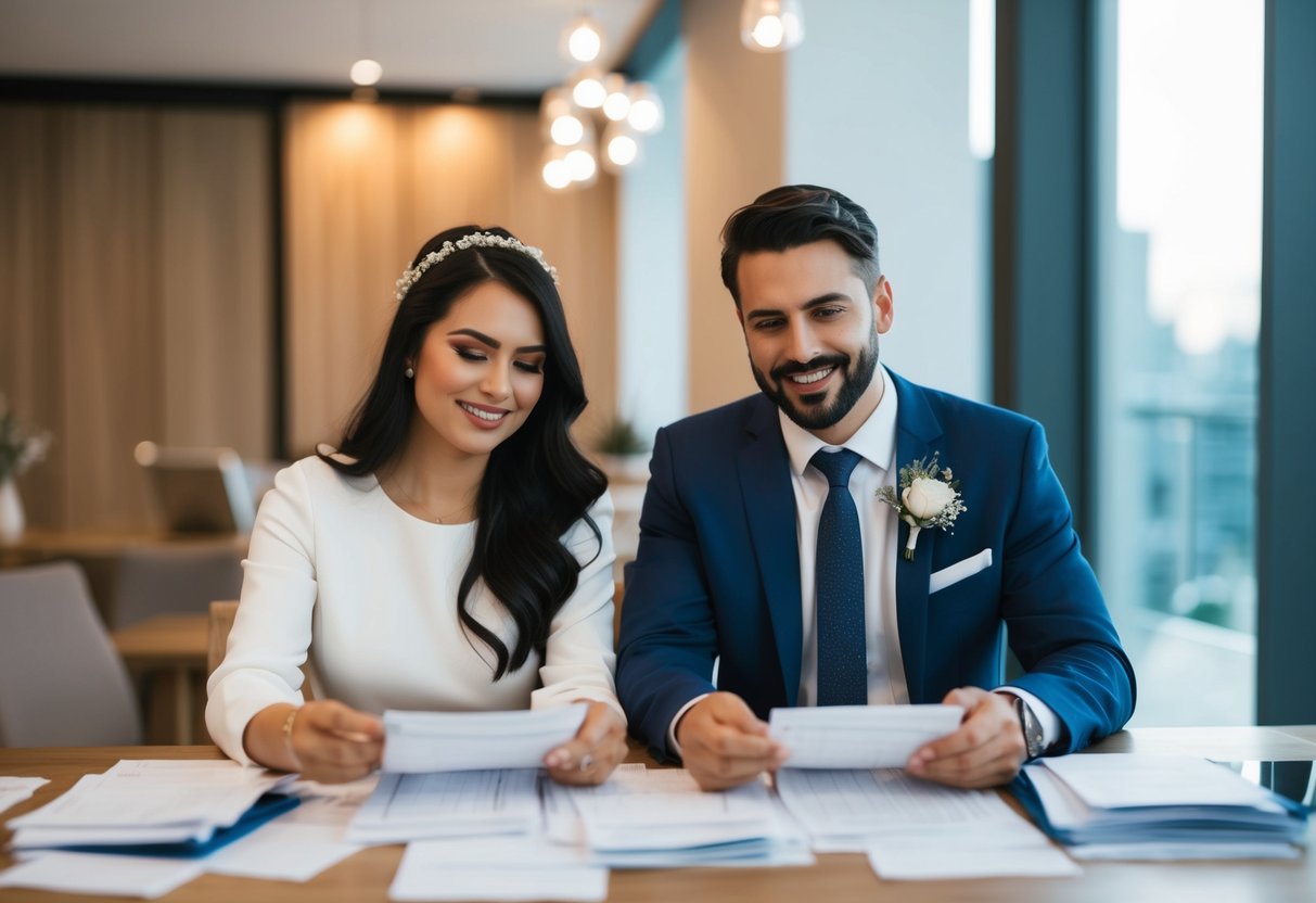 A couple sits at a table covered in receipts and spreadsheets, calculating wedding expenses with determined expressions