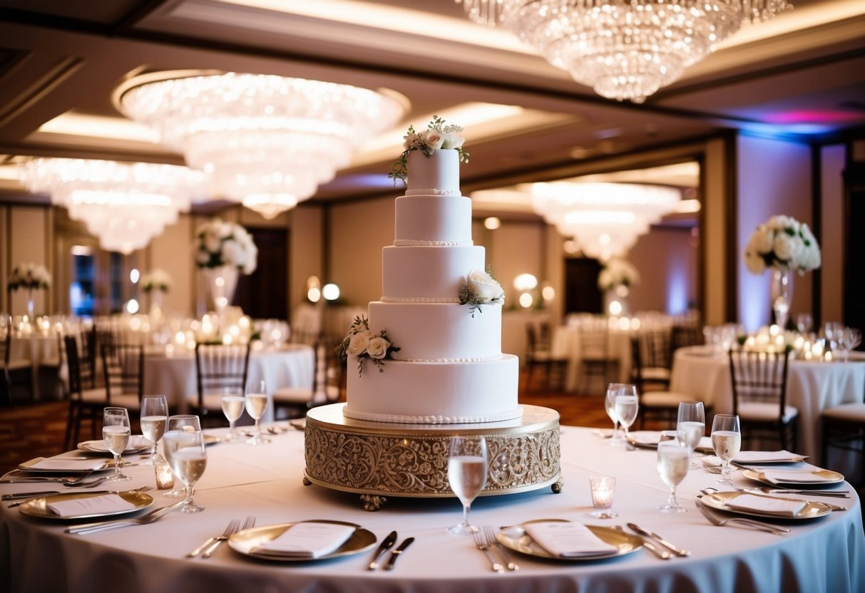 A lavish British wedding reception with elegant decor and a grand cake