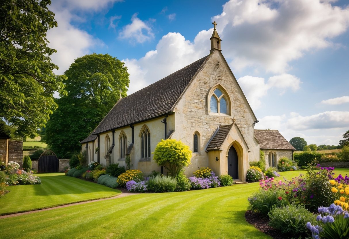 A quaint English countryside church with a picturesque stone exterior and a charming garden filled with colorful flowers
