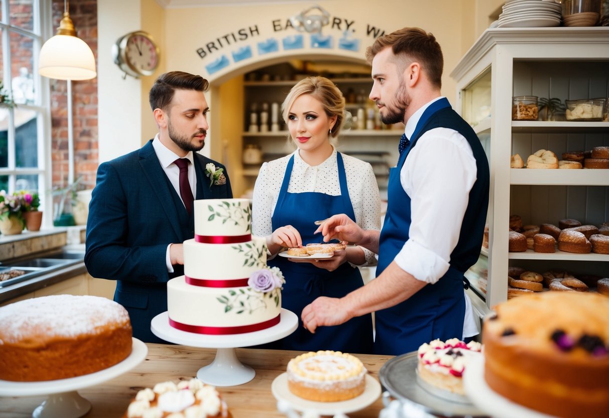 A couple discussing wedding cake options with a baker in a quaint British bakery. They compare prices and sizes, trying to save money