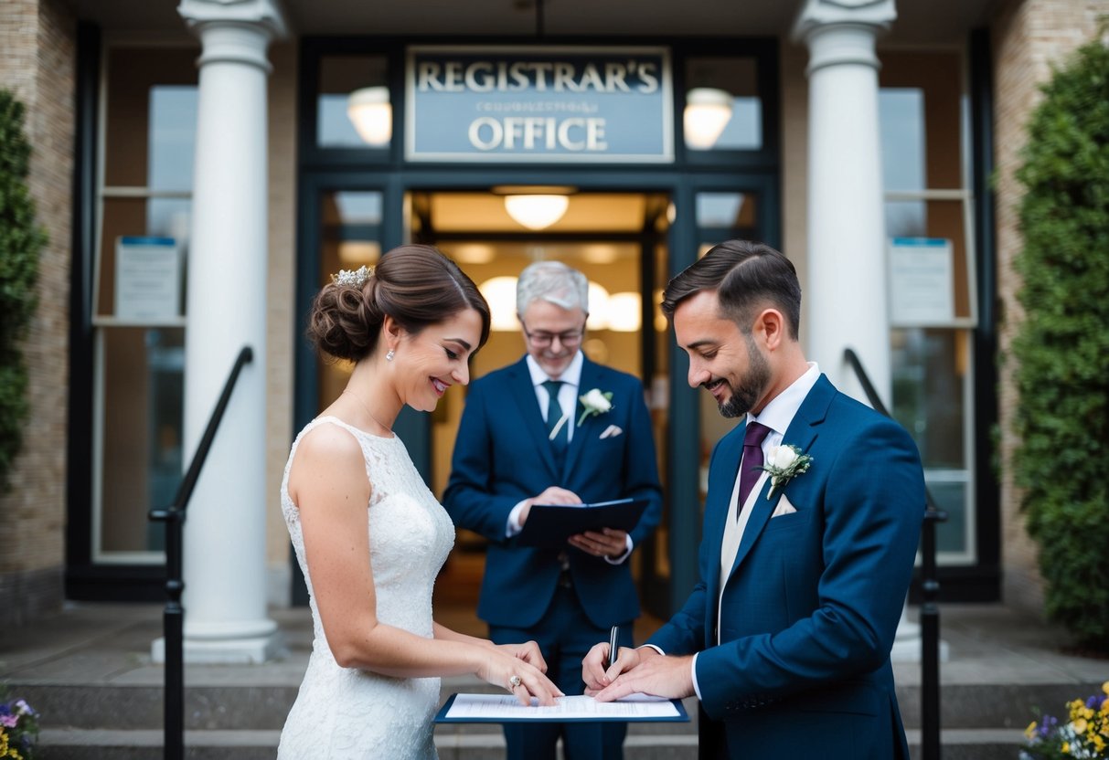 A couple standing in front of a registrar's office, exchanging rings and signing a marriage certificate