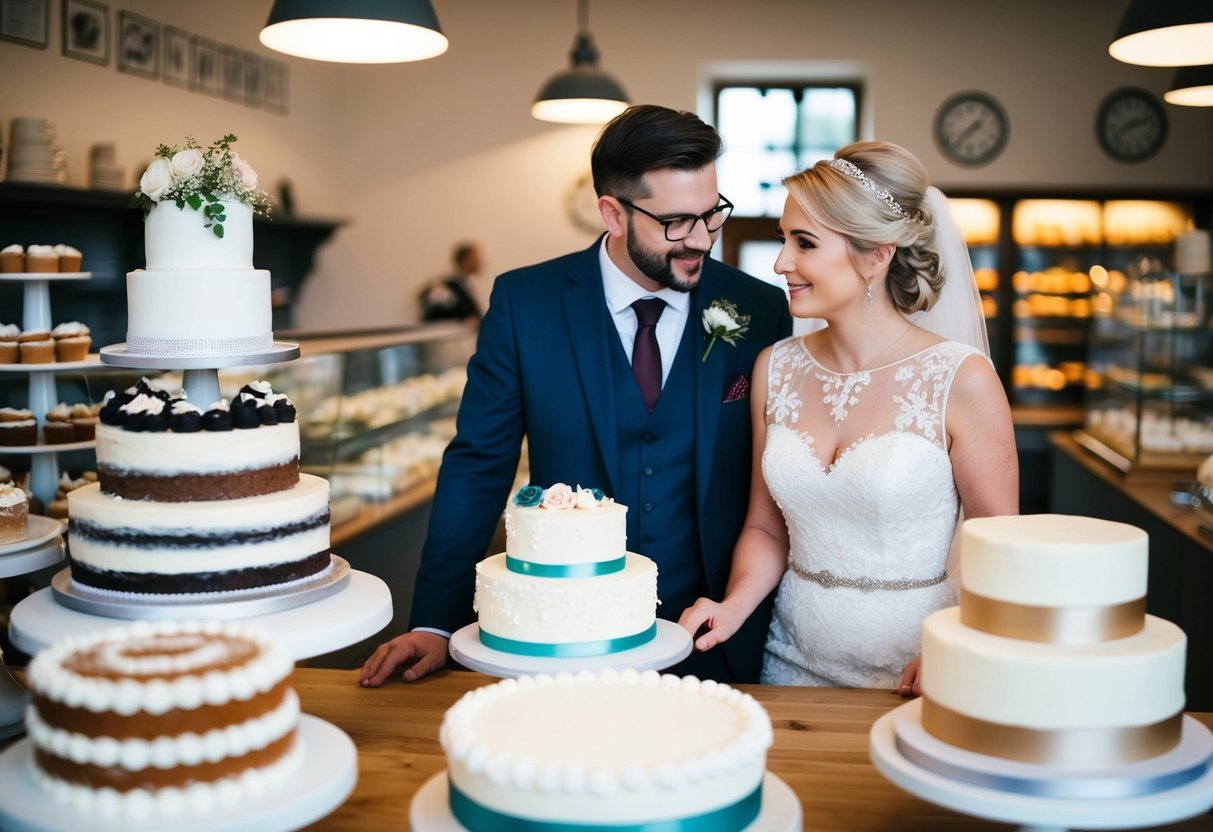 A couple discussing wedding cake options while browsing through a variety of cake designs at a local bakery in the UK
