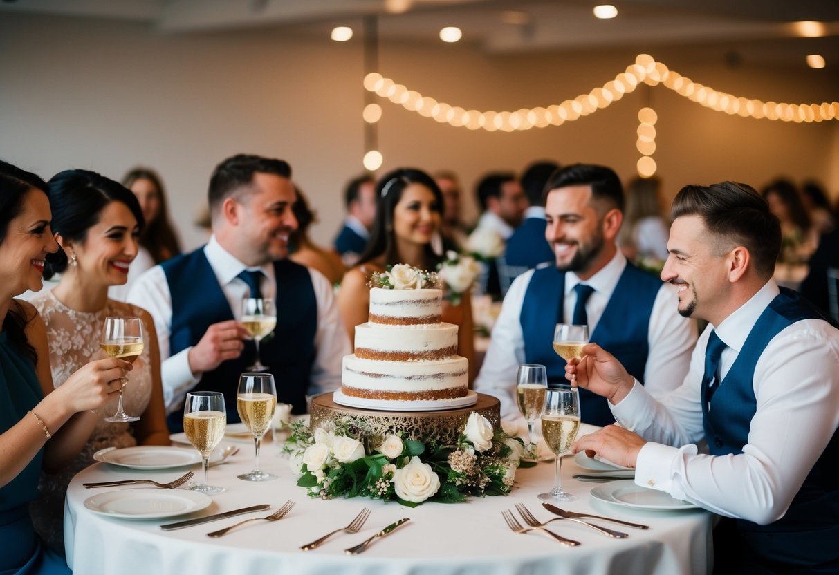 Wedding guests enjoy cake at tables with decorations and flowers