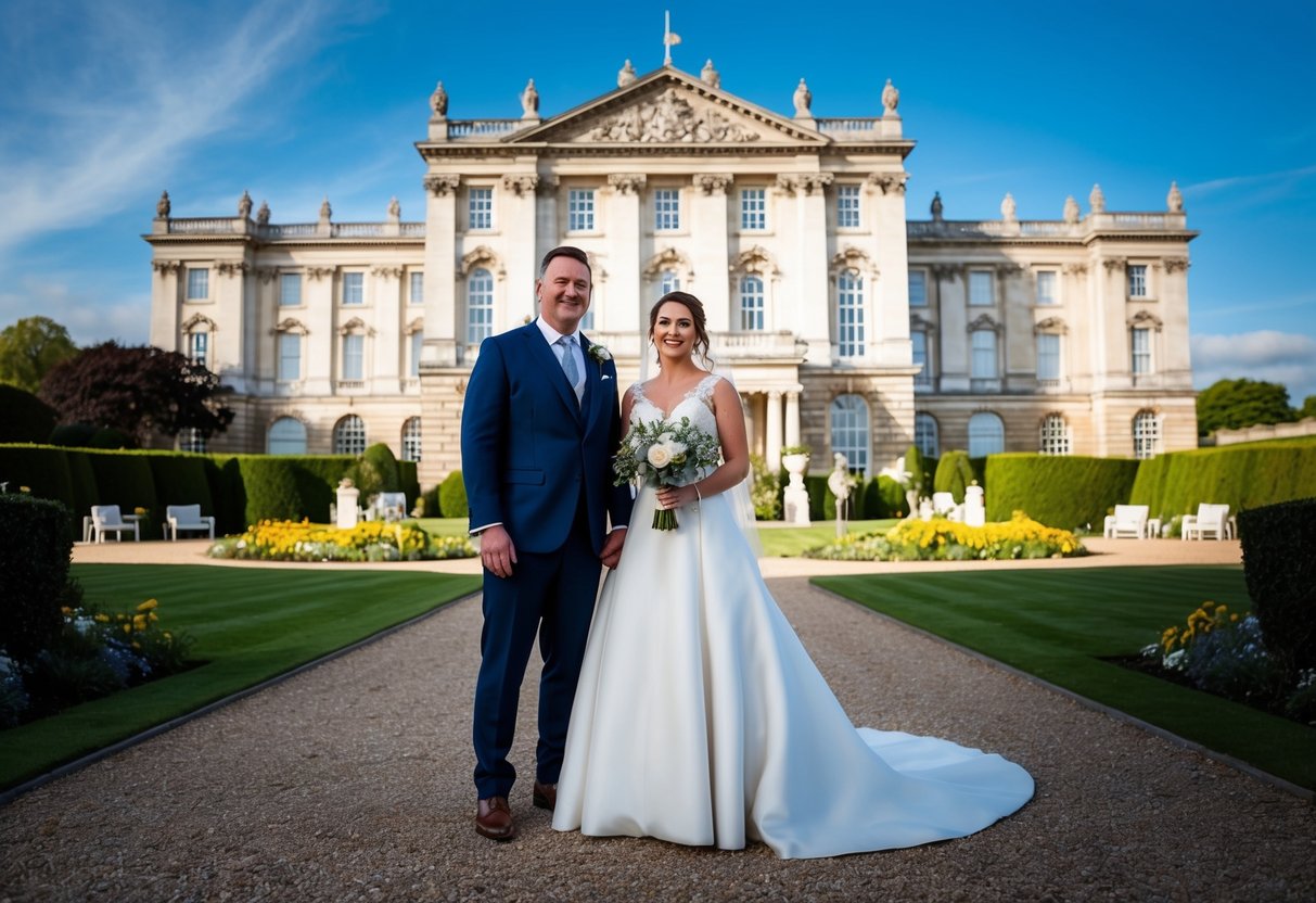 A bride and groom standing in front of a grand, ornate wedding venue in the UK, surrounded by lush gardens and a clear blue sky