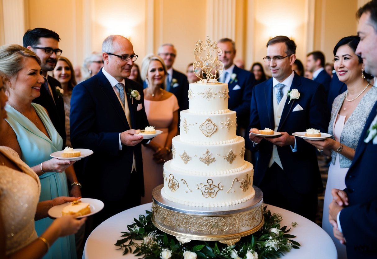 Guests gather around a tiered wedding cake, adorned with intricate designs and symbolic decorations. Some guests hold small plates with slices of cake, while others watch and wait to partake in the tradition