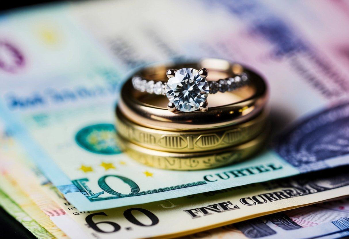 A wedding ring placed on top of a stack of UK currency notes