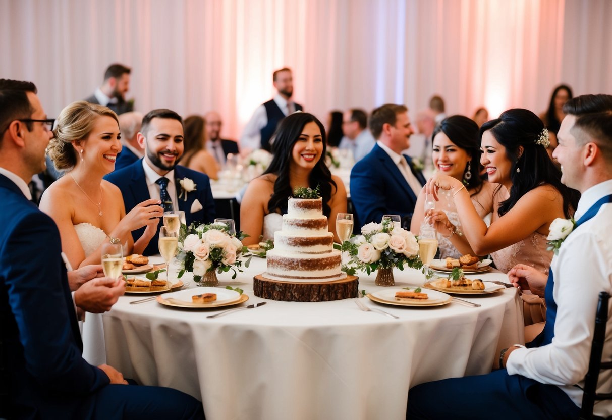 Wedding reception: diverse guests enjoying cake at tables