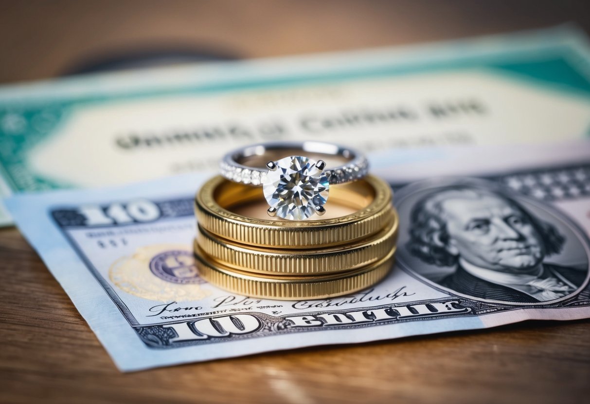 A wedding ring placed on top of a stack of British currency, with a marriage certificate in the background