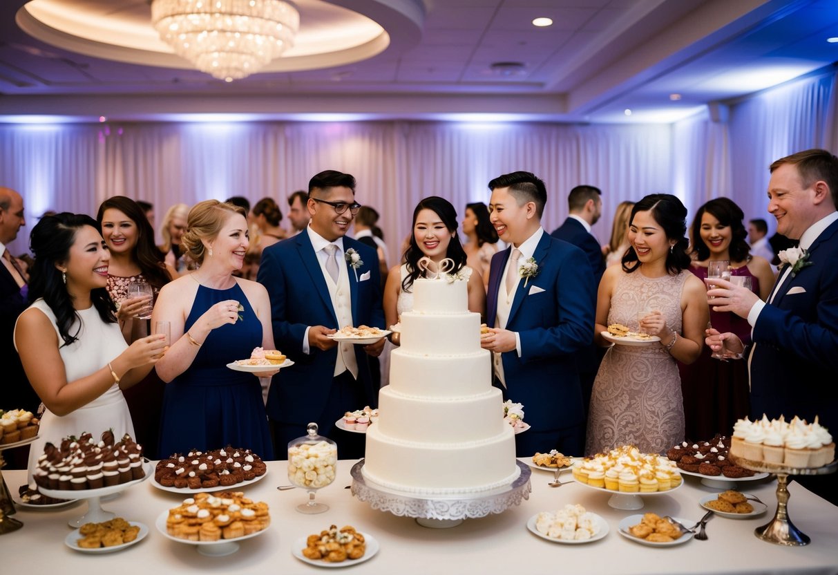 Guests gather at a wedding reception, enjoying various desserts and treats spread out on a table. A large, elegant wedding cake stands as the centerpiece, surrounded by happy guests socializing and indulging in the sweet offerings
