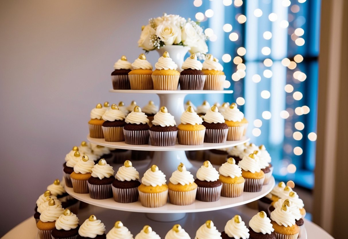 A tiered display of 100 cupcakes, elegantly decorated for a wedding celebration