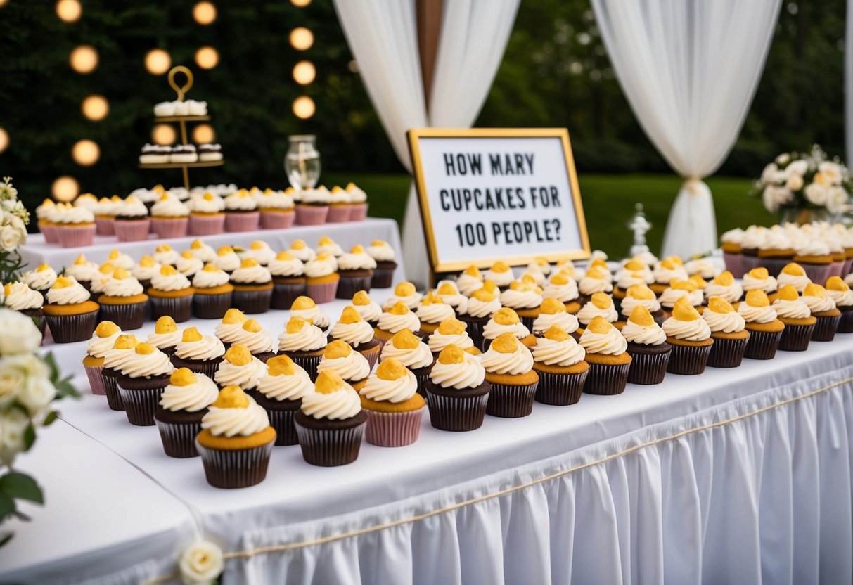 A table with rows of cupcakes, each representing a different quantity, surrounded by wedding decor and a sign asking "How many cupcakes for 100 people?"