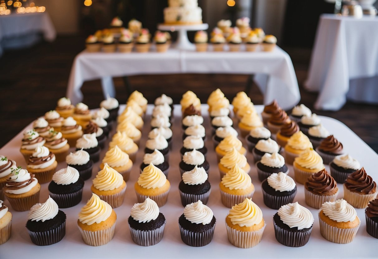 A display of various cupcakes in different sizes and flavors, arranged neatly on a table to cater to a 100-person wedding