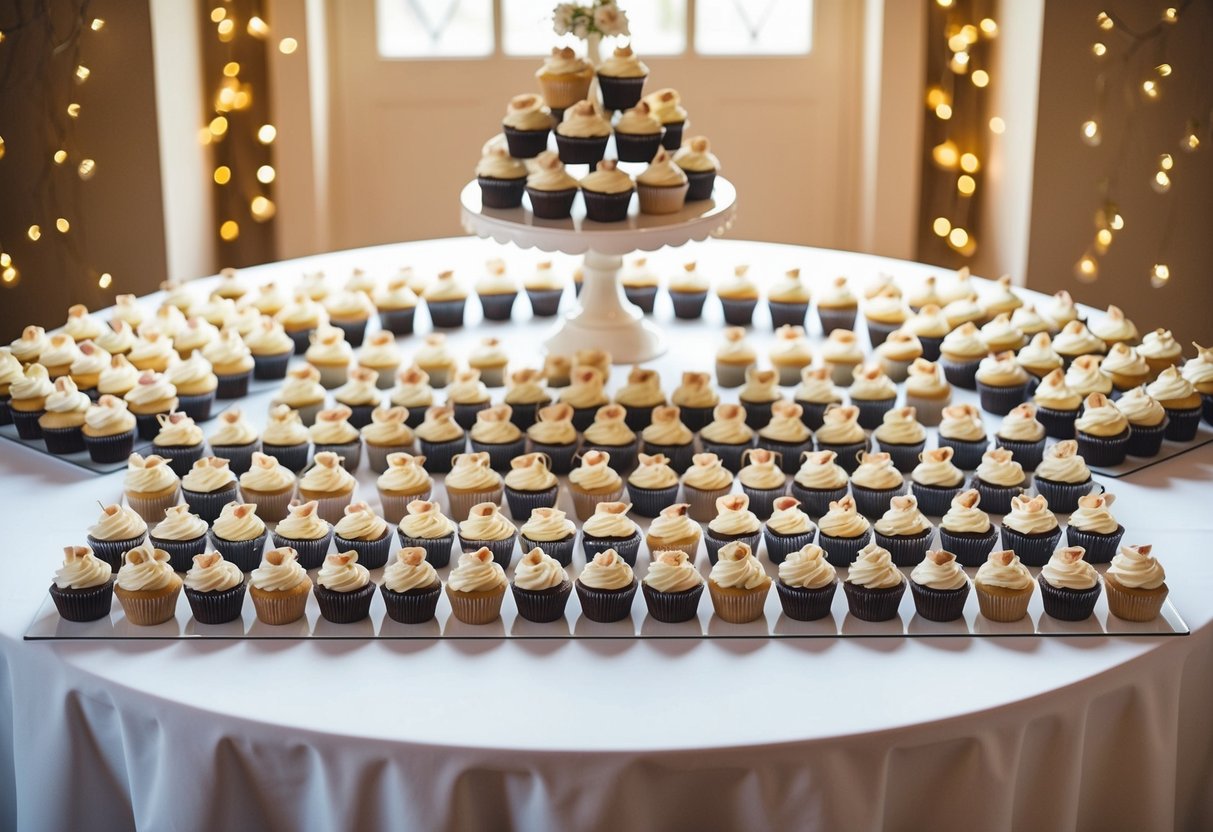 A table with 100 cupcakes arranged in an elegant display for a wedding celebration