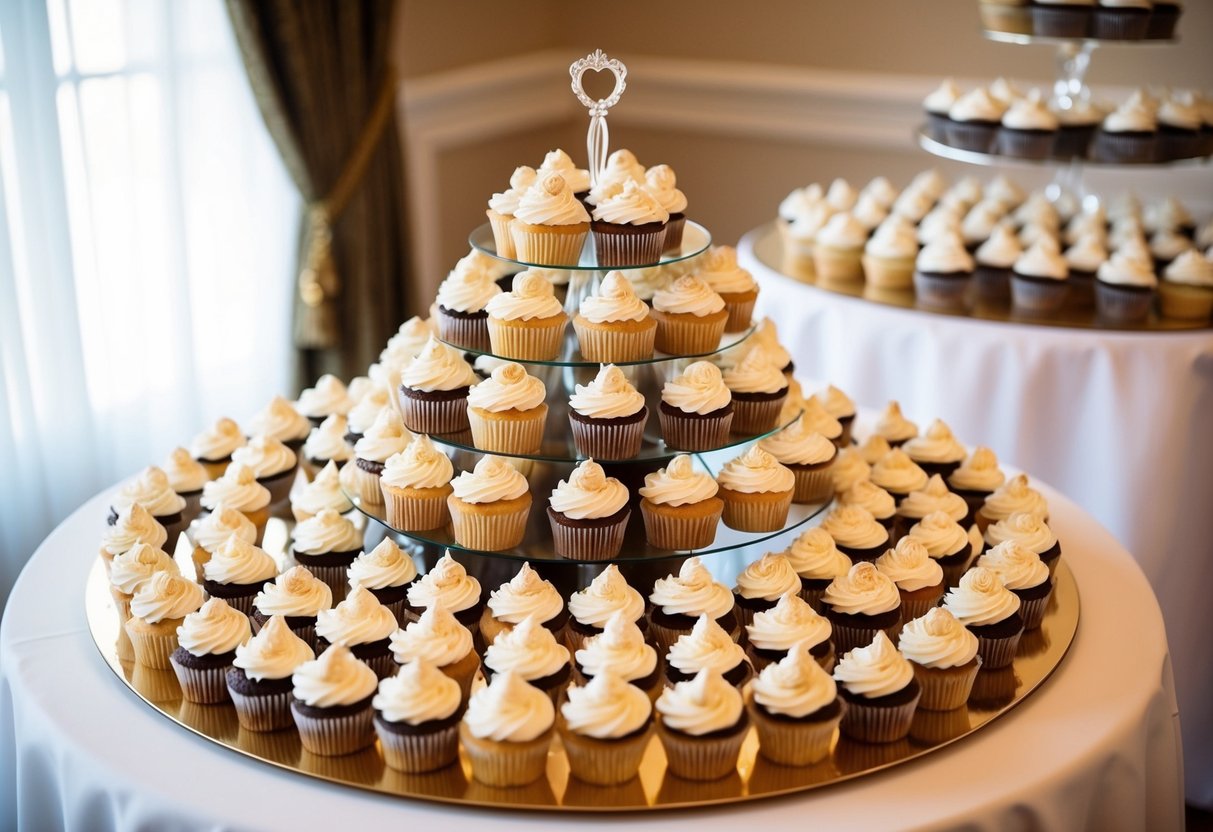A table filled with 100 beautifully decorated wedding cupcakes, arranged in an elegant display