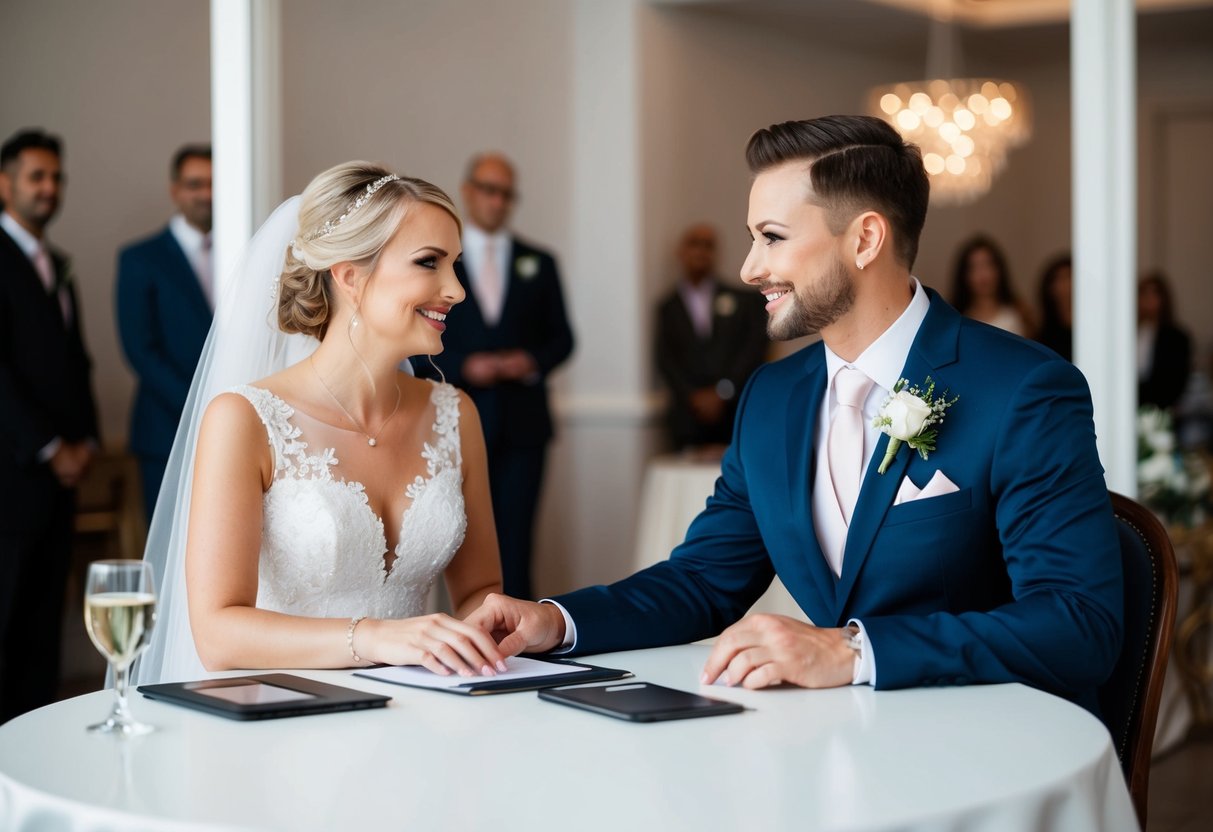 A bride and groom sitting at a table with a wedding planner, discussing payment options