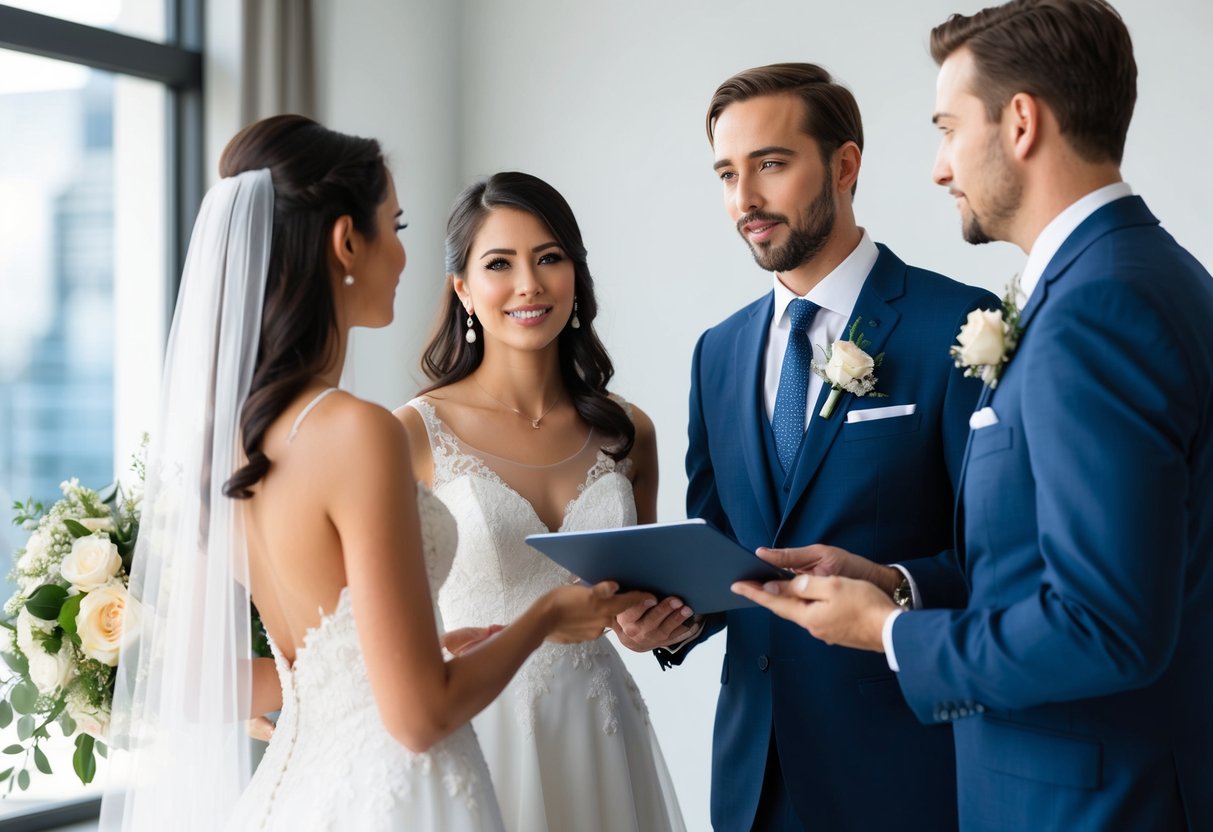 A bride and groom discussing wedding expenses with a financial advisor, weighing the benefits and drawbacks of paying for their wedding in installments