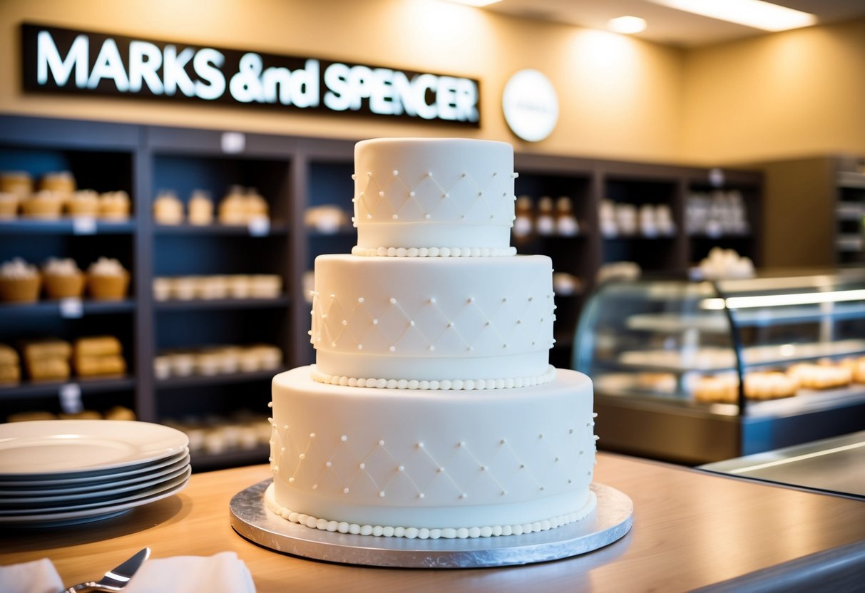 A tiered wedding cake displayed in a Marks and Spencer bakery section