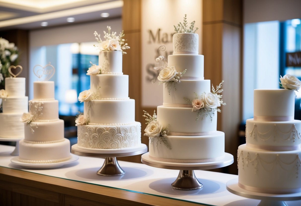 A display of elegant wedding cakes at Marks and Spencer, with intricate designs and delicate decorations