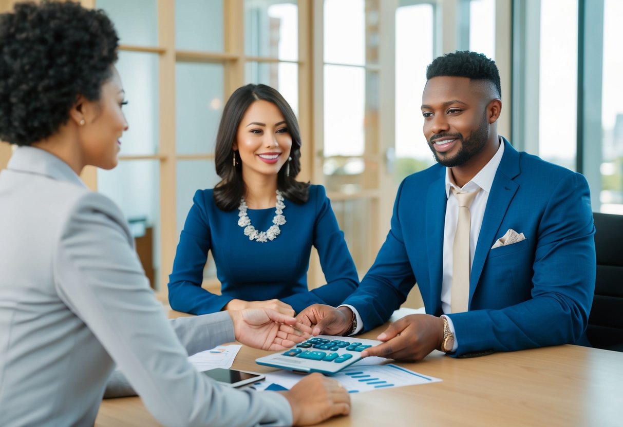 A couple sitting at a desk, discussing loan options with a bank representative. The representative is presenting various marriage loan packages