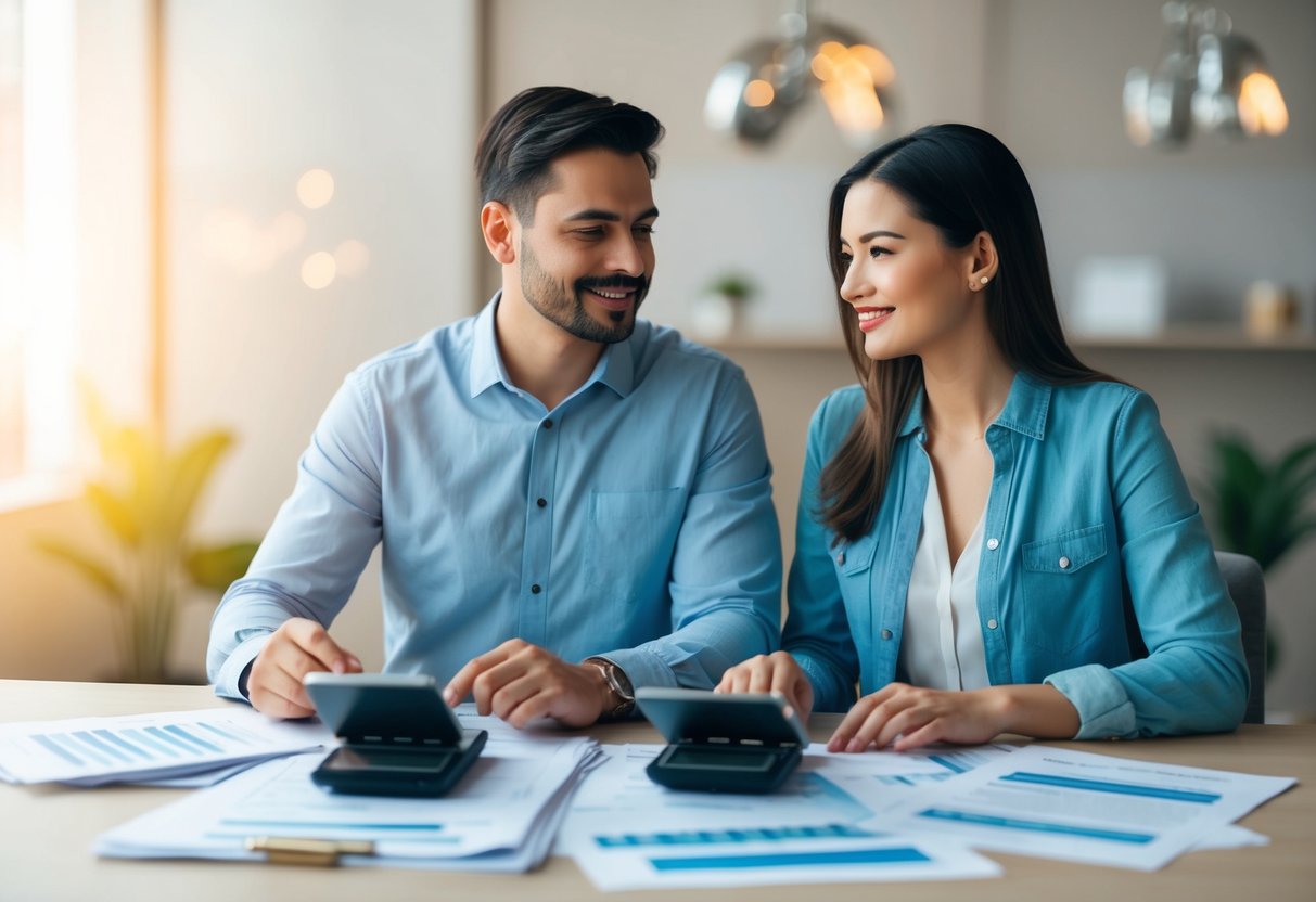 A couple sits at a table, comparing loan options from different banks. Financial documents and calculators are spread out in front of them