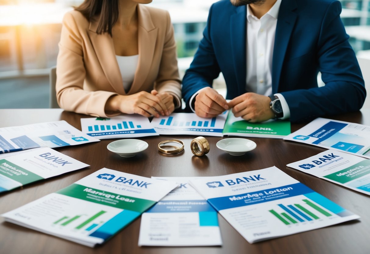 A couple sits at a table with various bank brochures spread out, discussing and comparing marriage loan options