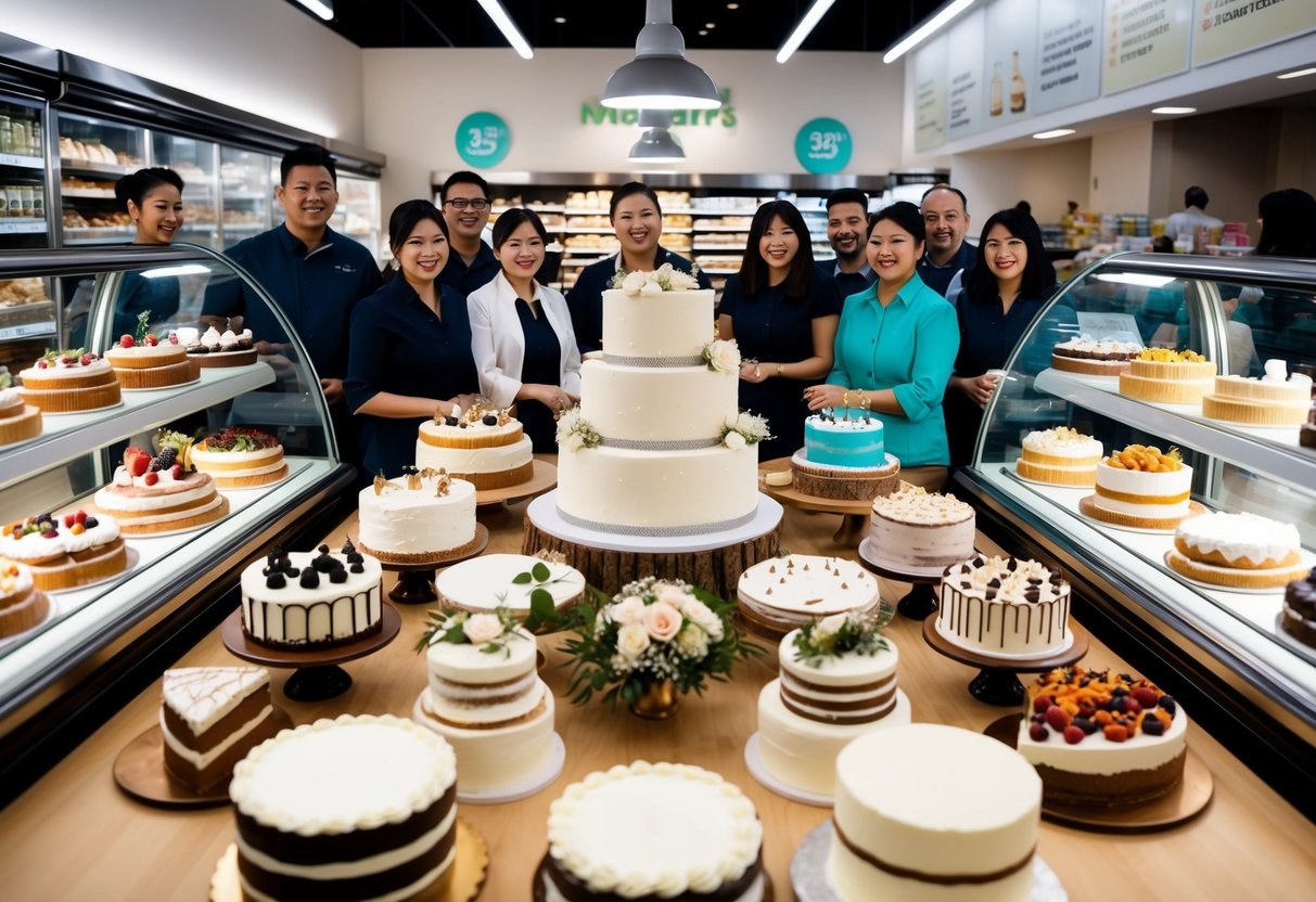 A bustling supermarket bakery displays elegant wedding cakes in a variety of flavors and designs, surrounded by cheerful customers and staff