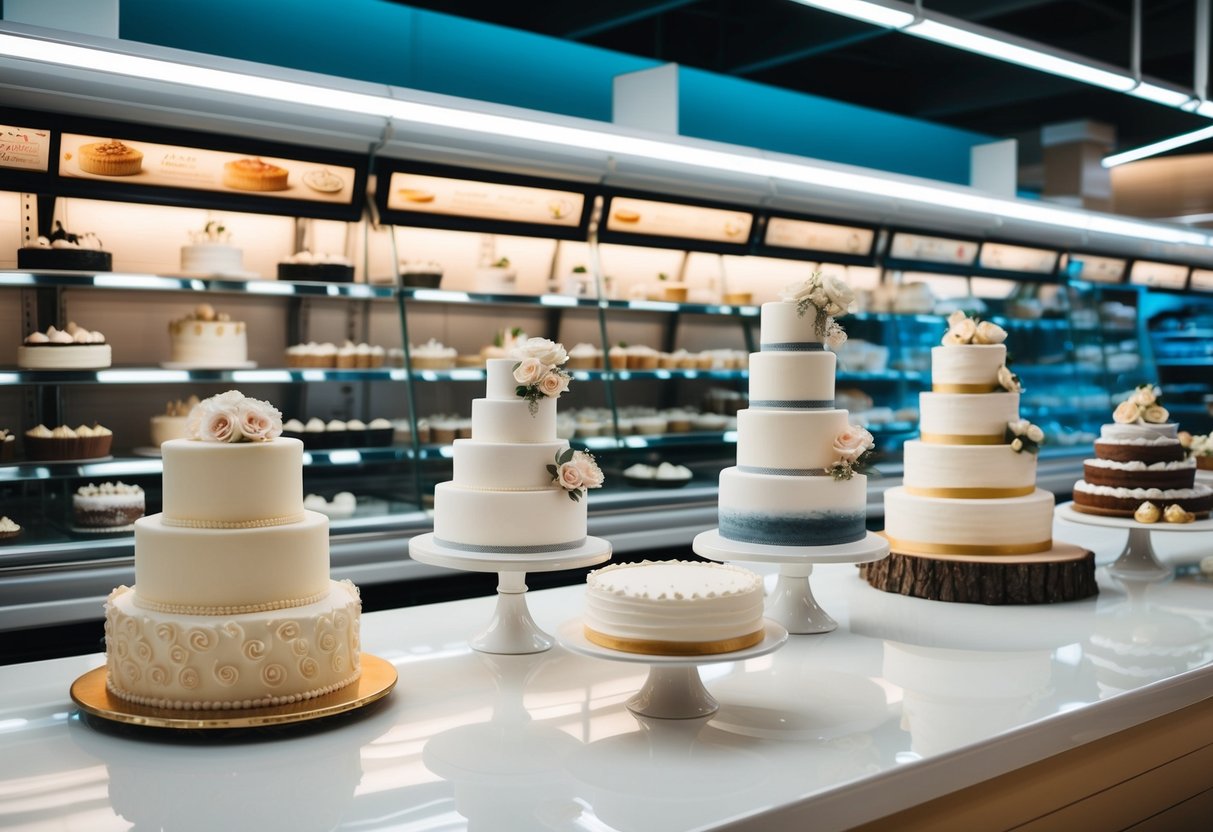 A display of elegant wedding cakes in a supermarket bakery section, with various designs and sizes showcased on a clean, well-lit counter